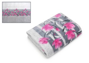 Koc z mikrofibry 160x210 Elway jasnoszary z różowymi kwiatami